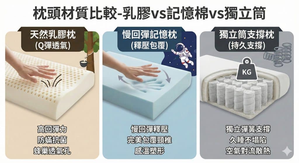 枕頭材質比較-乳膠vs記憶棉vs獨立筒